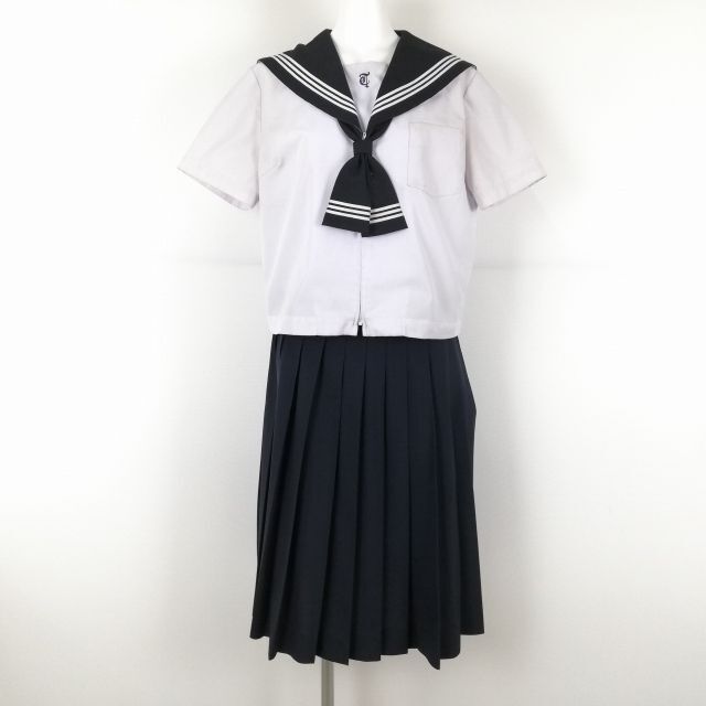 1円 セーラー服 スカート ネクタイ 上下3点セット 175A 大きいサイズ トンボ 夏物 白3本線 女子 大分滝尾中学 白 中古 ランクC EY9317の画像1