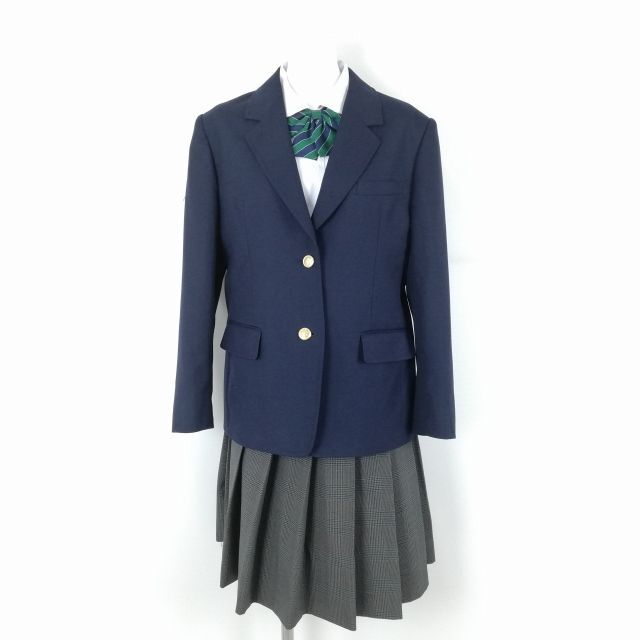 1円 ブレザー チェックスカート リボン 上下4点セット L トンボ 冬物 女子 学生服 中学 高校 紺 制服 中古 ランクB EY9152の画像1