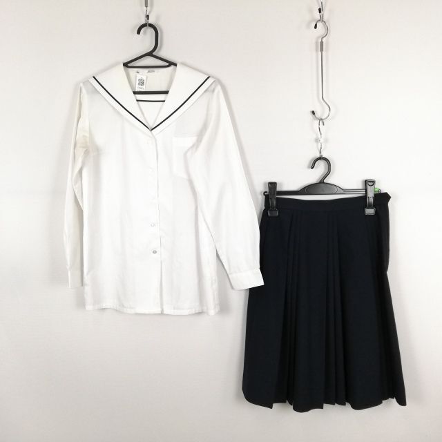 1円 セーラー服 スカート 上下2点セット 165A 大きいサイズ 富士ヨット 中間服 青1本線 女子 学生服 中学 高校 白 中古 ランクC EY9012の画像1