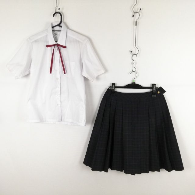 1円 ブラウス チェックスカート 紐タイ 上下3点セット 夏物 女子 学生服 中学 高校 白 ヒロミチナカノ 制服 中古 ランクC EY0979の画像1