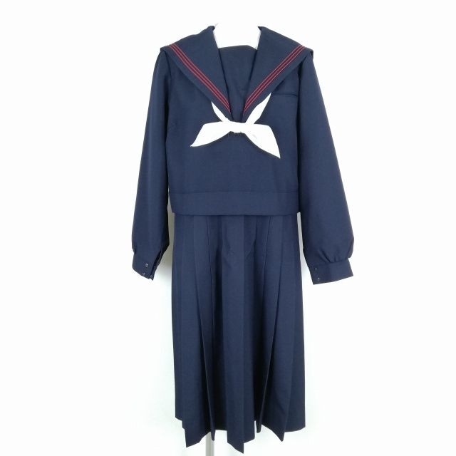 1円 セーラー服 ジャンパースカート スカーフ 上下3点セット 指定 大きいサイズ 冬物 赤3本線 女子 中学 高校 紺 中古 ランクB EY9210の画像1