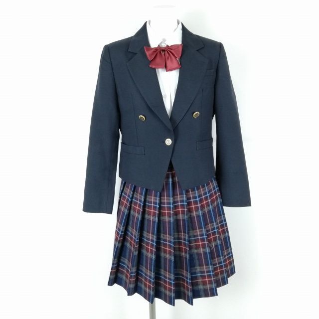 1円 ブレザー チェックスカート リボン 上下4点セット カンコー 冬物 女子 学生服 中学 高校 紺 制服 中古 ランクC EY9788_画像1