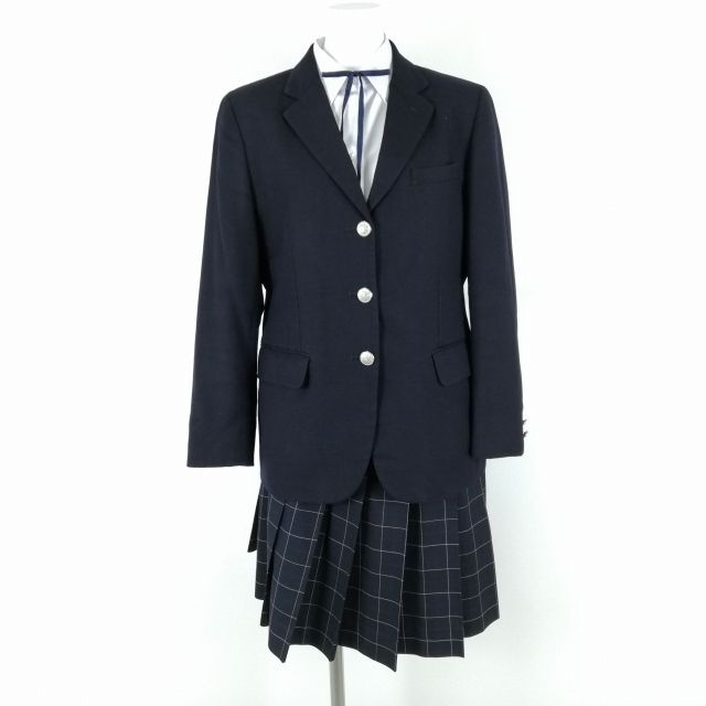 1円 ブレザー チェックスカート 紐タイ 上下4点セット カンコー 冬物 女子 学生服 東京千歳丘高校 紺 制服 中古 ランクC EY9789_画像1