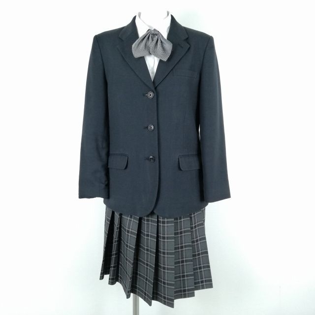 1円 ブレザー チェックスカート リボン 上下4点セット 冬物 女子 学生服 中学 高校 グレー 制服 中古 ランクC EY9716_画像1