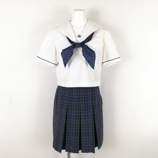 1円 セーラー服 チェックスカート スカーフ 上下3点セット 夏物 女子 学生服 熊本鹿本高校 白 制服 中古 ランクB EY9566_画像1