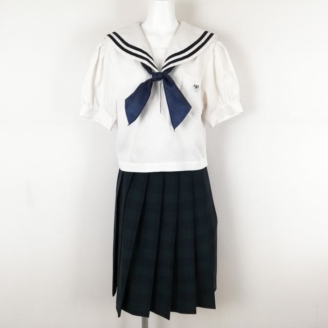 1円 セーラー服 チェックスカート スカーフ 上下3点セット 夏物 青2本線 女子 学生服 大分高校 白 制服 中古 ランクC EY9507_画像1