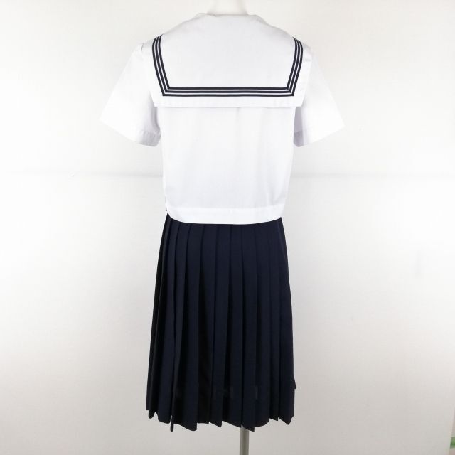 1円 セーラー服 スカート スカーフ 上下3点セット 夏物 青3本線 女子 学生服 兵庫灘中学 白 制服 中古 ランクC EY9819の画像2