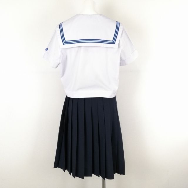 1円 セーラー服 スカート リボン 上下3点セット L 大きいサイズ 夏物 青3本線 女子 学生服 中学 高校 白 制服 中古 ランクC EY9686の画像2