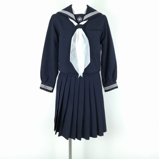 1円 セーラー服 スカート スカーフ 上下3点セット 冬物 白3本線 女子 学生服 創価小学校 紺 制服 中古 ランクC EY9871の画像1