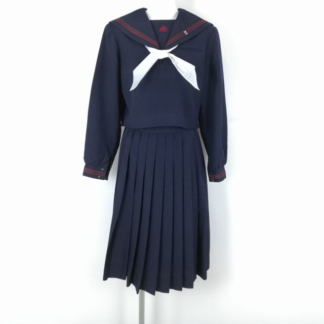 1円 セーラー服 スカート スカーフ 上下3点セット 冬物 赤3本線 女子 学生服 福岡新宮高校 紺 制服 中古 ランクC EY9401の画像1