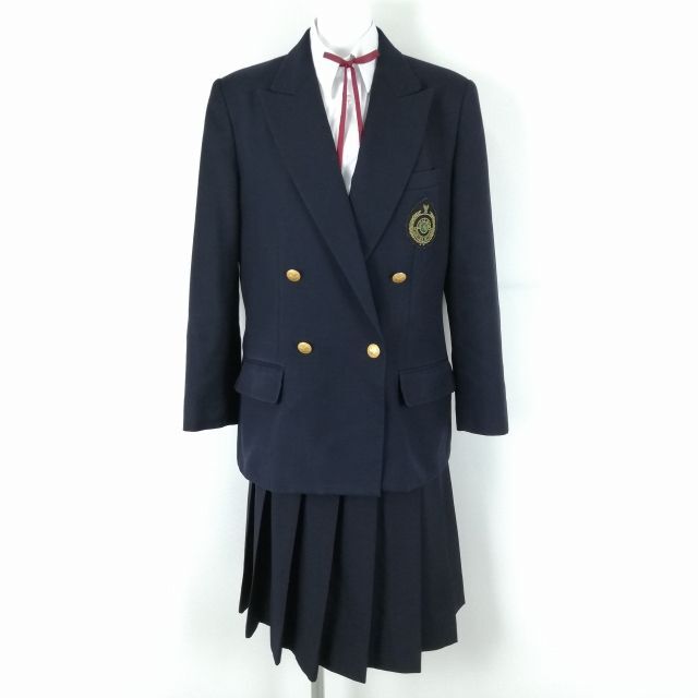 1円 ブレザー スカート 紐タイ 上下4点セット 大きいサイズ 冬物 女子 学生服 静岡三島南高校 紺 森英恵 制服 中古 ランクC EY9982_画像1