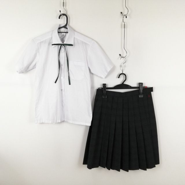 1円 ブラウス チェックスカート 紐タイ 上下3点セット 150A 夏物 女子 学生服 中学 高校 白 制服 中古 ランクB EY1312の画像1