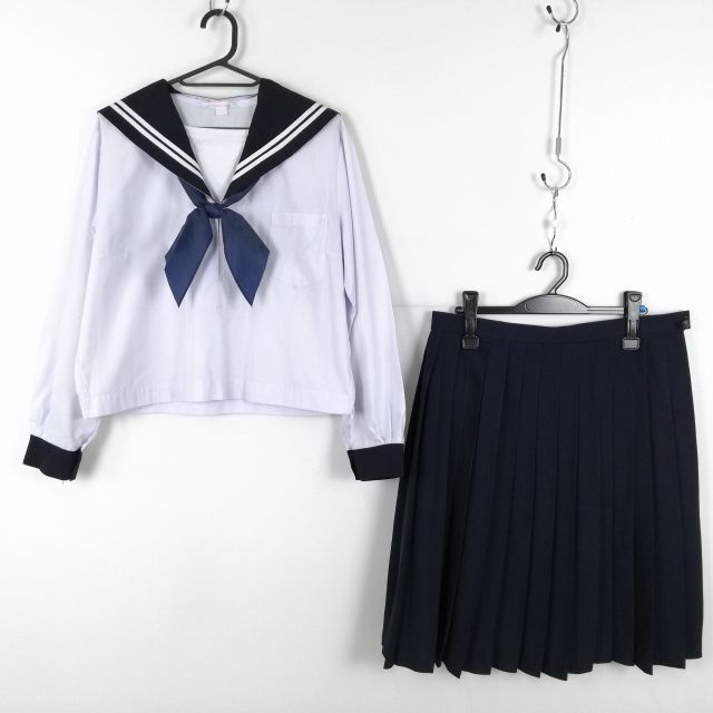 1円 セーラー服 スカート スカーフ 上下3点セット 大きいサイズ 特大 中間服 白2本線 女子 学生服 中学 高校 白 制服 中古 ランクC NA0026の画像1