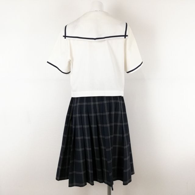 1円 セーラー服 チェックスカート 紐タイ 上下3点セット 富士ヨット 夏物 青1本線 女子 学生服 中学 高校 白 制服 中古 ランクC NA0014の画像2