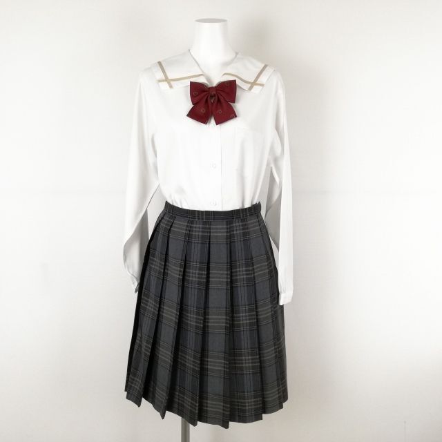 1円 セーラー服 チェックスカート 上下3点セット カンコー 中間服 ベージュ1本線 女子 学生服 岡山南高校 白 制服 中古 ランクB NA0122の画像1