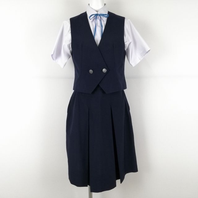 1円 ベスト スカート 紐タイ 上下4点セット 夏物 女子 学生服 東京日野第四中学 紺 制服 中古 ランクB EY9722_画像1