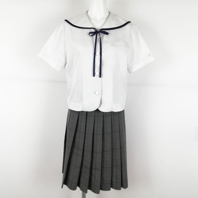 1円 セーラー服 チェックスカート 紐タイ 上下3点セット 夏物 青1本線 女子 学生服 岡山玉島商業高校 白 制服 中古 ランクC NA0051の画像1