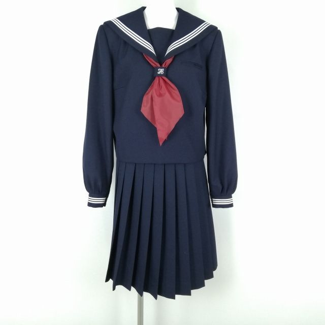 1円 セーラー服 スカート スカーフ 上下3点セット 指定 175A 大きいサイズ 冬物 白3本線 女子 学生服 中学 高校 紺 中古 ランクB EY9882の画像1