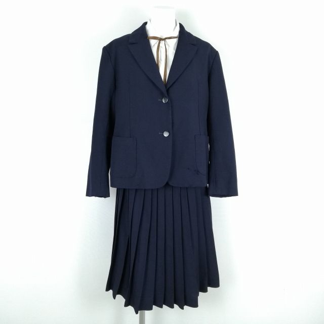 1円 ブレザー スカート 紐タイ 上下4点セット 大きいサイズ 冬物 女子 学生服 中学 高校 紺 制服 中古 ランクC NA0444の画像1