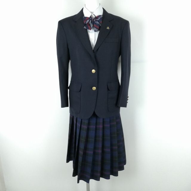 1 jpy blaser check skirt ribbon top and bottom 4 point set 155B winter thing woman school uniform Hyogo net . high school navy blue uniform used rank C NA0336