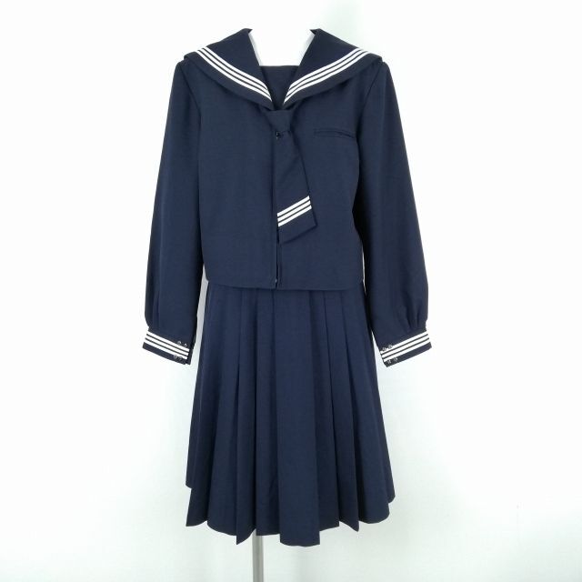 1円 セーラー服 スカート ネクタイ 上下3点セット 指定 大きいサイズ 富士ヨット 冬物 白3本線 女子 千葉白山中学 紺 中古 ランクC NA0260_画像1