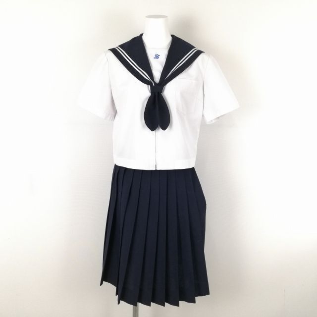 1円 セーラー服 スカート 上下2点セット 165A 大きいサイズ 夏物 白2本線 女子 学生服 大分坂ノ市中学 白 制服 中古 ランクC EY9615の画像1