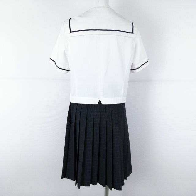 1円 セーラー服 チェックスカート 上下2点セット 夏物 青1本線 女子 学生服 岡山芳泉高校 白 制服 中古 ランクC NA0091の画像2