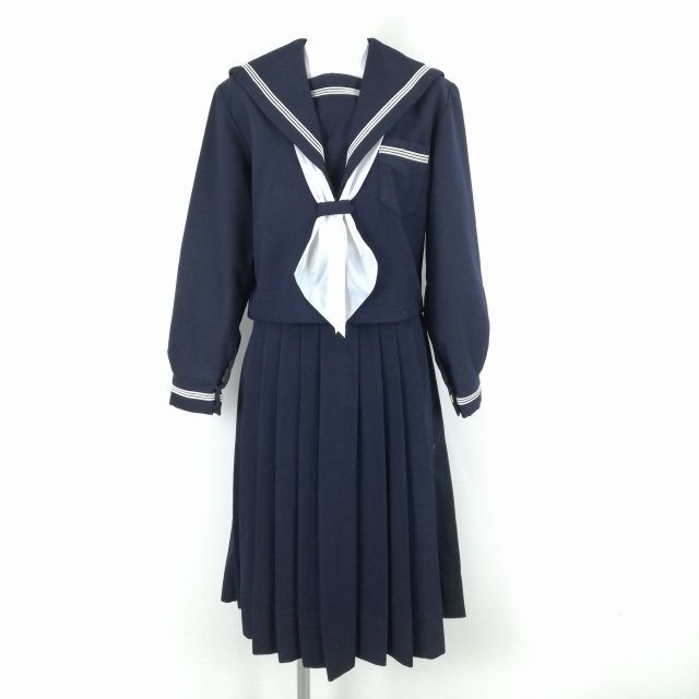 1円 セーラー服 スカート スカーフ 上下3点セット 大きいサイズ 冬物 白3本線 女子 学生服 中学 高校 紺 制服 中古 ランクC EY9665_画像1