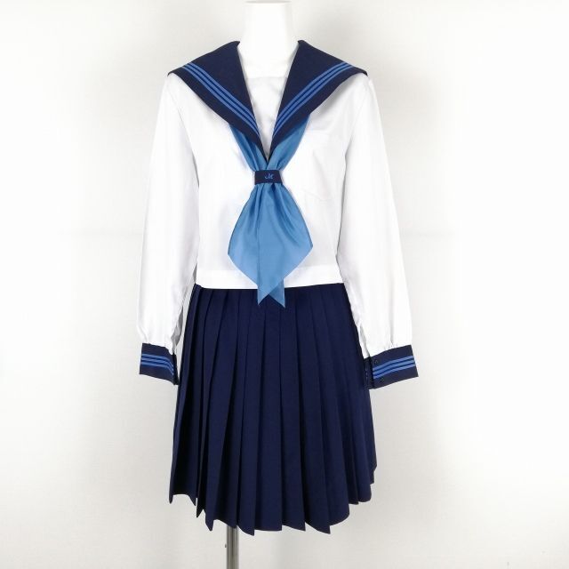 1円 セーラー服 スカート スカーフ 上下3点セット 中間服 青3本線 女子 学生服 高知南高校 白 制服 中古 ランクC NA0305の画像1