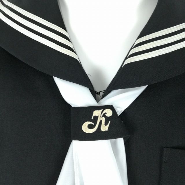 1円 セーラー服 スカート スカーフ 上下3点セット 冬物 白3本線 女子 学生服 高知鏡野中学 黒 制服 中古 ランクC NA0427の画像6