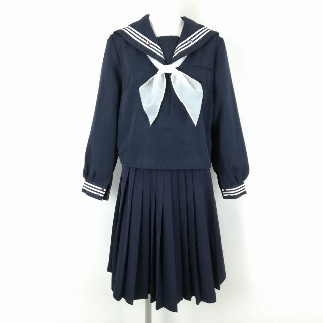 1 jpy sailor suit skirt scarf top and bottom 3 point set winter thing white 3ps.@ line woman school uniform Kagawa tree futoshi middle . navy blue uniform used rank C NA0271