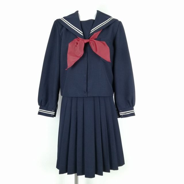 1円 セーラー服 スカート スカーフ 上下3点セット 冬物 白2本線 女子 学生服 中学 高校 紺 制服 中古 ランクC NA0298の画像1