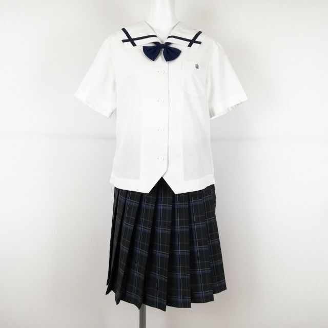 1円 セーラー服 チェックスカート リボン 上下3点セット カンコー 夏物 青1本線 女子 学生服 中学 高校 白 制服 中古 ランクC NA0665の画像1