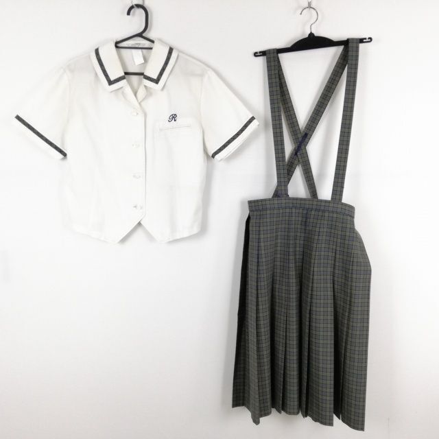 1円 ブラウス チェックスカート 上下2点セット 指定 L 大きいサイズ トンボ 夏物 女子 学生服 熊本力合中学 白 制服 中古 ランクC NA0301_画像1