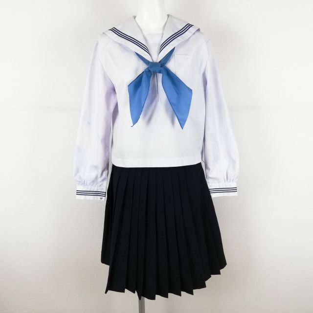 1 jpy sailor suit skirt scarf top and bottom 3 point set large size interim clothes blue 3ps.@ line woman school uniform middle . high school white uniform used rank C NA0422
