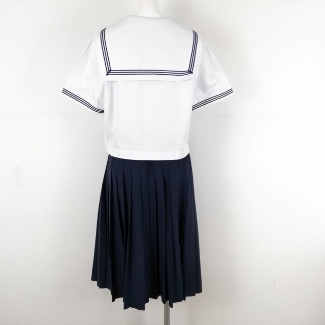 1円 セーラー服 スカート スカーフ 上下3点セット 165A 大きいサイズ 夏物 青3本線 女子 学生服 中学 高校 白 制服 中古 ランクC NA0294の画像2