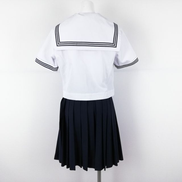 1円 セーラー服 スカート スカーフ 上下3点セット 165A ミッシェルクラン 夏物 青3本線 女子 学生服 中学 高校 白 中古 ランクC NA0352の画像2