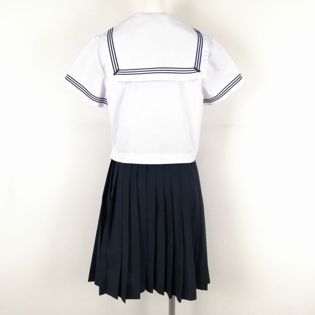 1円 セーラー服 スカート スカーフ 上下3点セット 夏物 青3本線 女子 学生服 中学 高校 白 制服 中古 ランクC NA0304の画像2