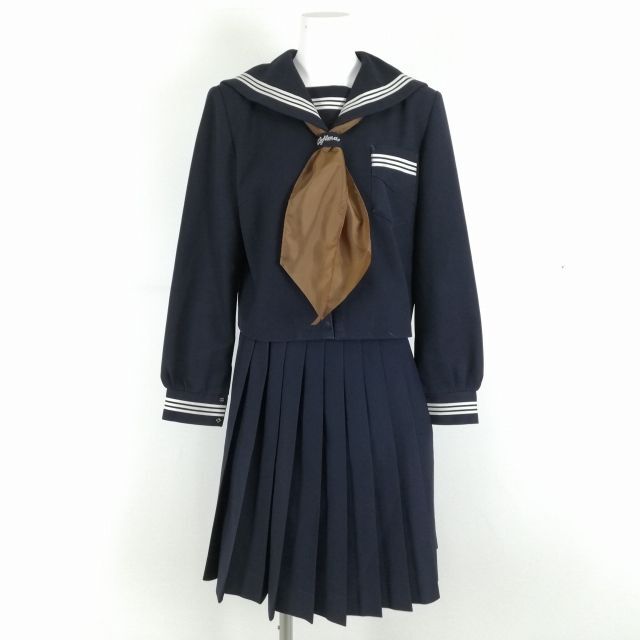 1円 セーラー服 スカート スカーフ 上下3点セット 冬物 白3本線 女子 学生服 岡山児島中学 紺 制服 中古 ランクC NA0513の画像1