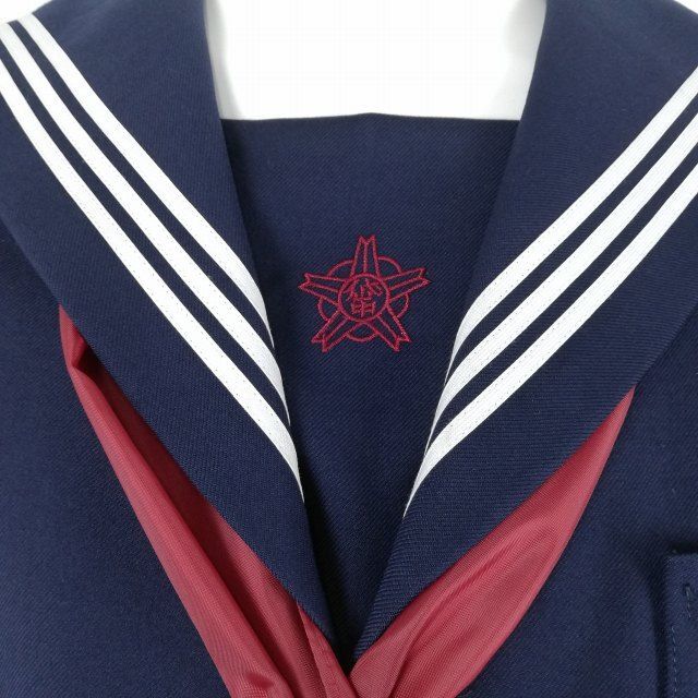 1円 セーラー服 ジャンパースカート スカーフ 上下3点セット 大きいサイズ 冬物 白3本線 女子 学生服 熊本岱明中学 紺 中古 ランクC NA0689の画像5