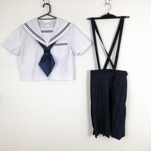 1円 セーラー服 スカート スカーフ 上下3点セット 夏物 青2本線 女子 学生服 中学 高校 白 制服 中古 ランクC NA1021の画像1