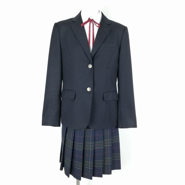 1円 ブレザー チェックスカート 紐タイ 上下4点セット トンボ 冬物 女子 学生服 東京南大沢中学 黒 制服 中古 ランクC NA1006の画像1