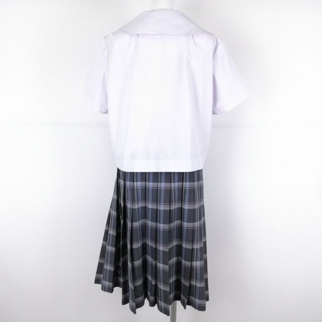 1円 セーラー服 チェックスカート スカーフ 上下3点セット 大きいサイズ 夏物 女子 学生服 佐賀城南中学 白 制服 中古 ランクC NA0977の画像2