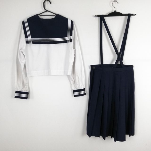 1円 セーラー服 スカート スカーフ 上下3点セット 中間服 白3本線 女子 学生服 中学 高校 白 制服 中古 ランクC NA0541の画像2