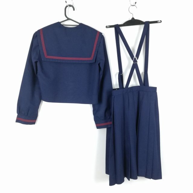 1円 セーラー服 スカート スカーフ 上下3点セット 冬物 赤3本線 女子 学生服 兵庫高司中学 紺 制服 中古 ランクC NA0913の画像2