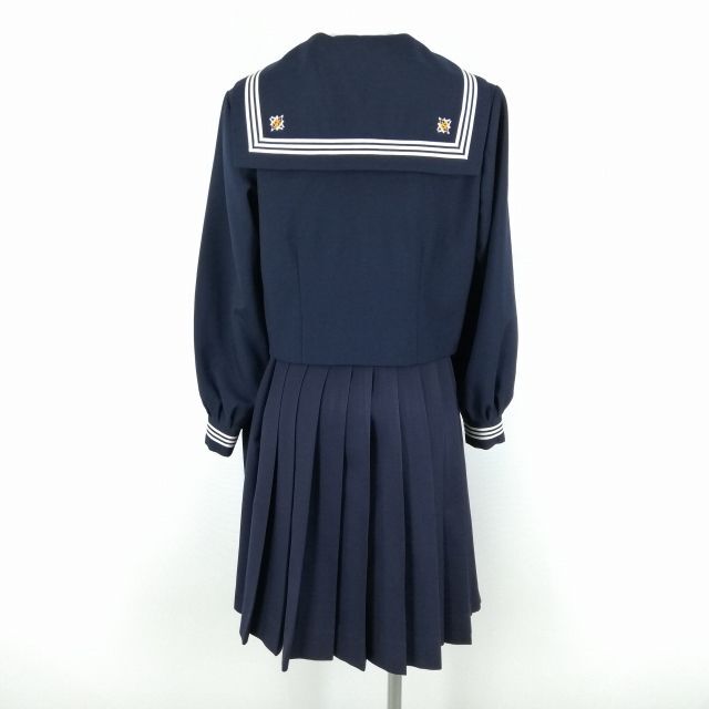 1円 セーラー服 スカート スカーフ 上下3点セット 155A 冬物 白2本線 女子 学生服 中学 紺 中古 ランクC NA0475