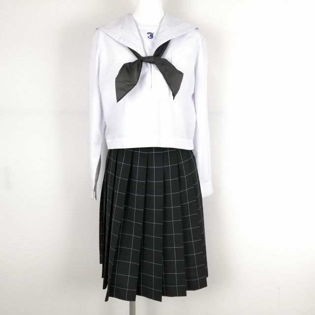 1円 セーラー服 チェックスカート スカーフ 上下3点セット 中間服 白3本線 女子 学生服 兵庫城乾中学 白 制服 中古 ランクB NA1097_画像1