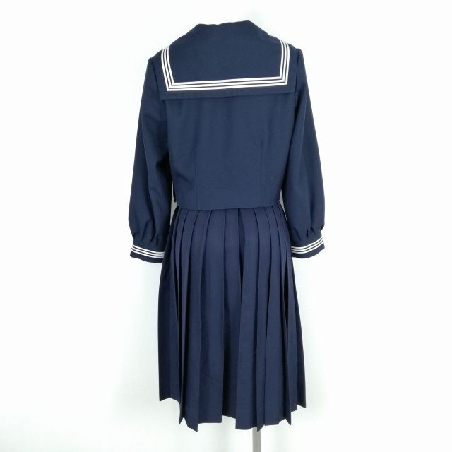 1円 セーラー服 スカート スカーフ 上下3点セット 150A 冬物 白3本線 女子 学生服 中学 高校 紺 制服 中古 ランクC NA0906の画像2