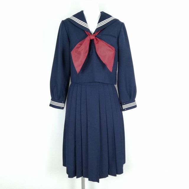 1円 セーラー服 スカート スカーフ 上下3点セット 150A 冬物 白3本線 女子 学生服 中学 高校 紺 制服 中古 ランクC NA0906の画像1