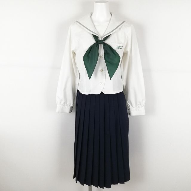 1円 セーラー服 スカート スカーフ 上下3点セット S 中間服 グレー1本線 女子 学生服 兵庫姫路工業高校 白 制服 中古 ランクC NA0915